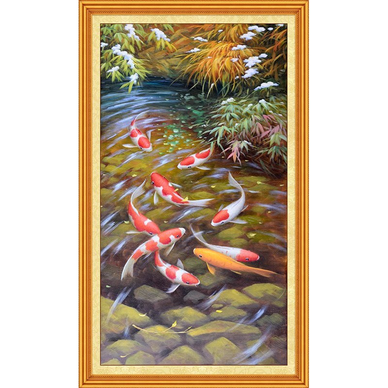 装饰画客厅背景墙现代玄关竖幅装饰油画鲤鱼荷花溪流九鱼图无框画图片