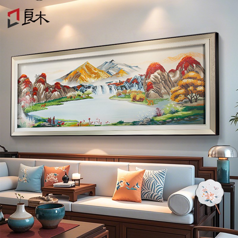 新中式刺绣山水画客厅挂画别墅沙发背景墙装饰画高端苏绣成品壁画图片