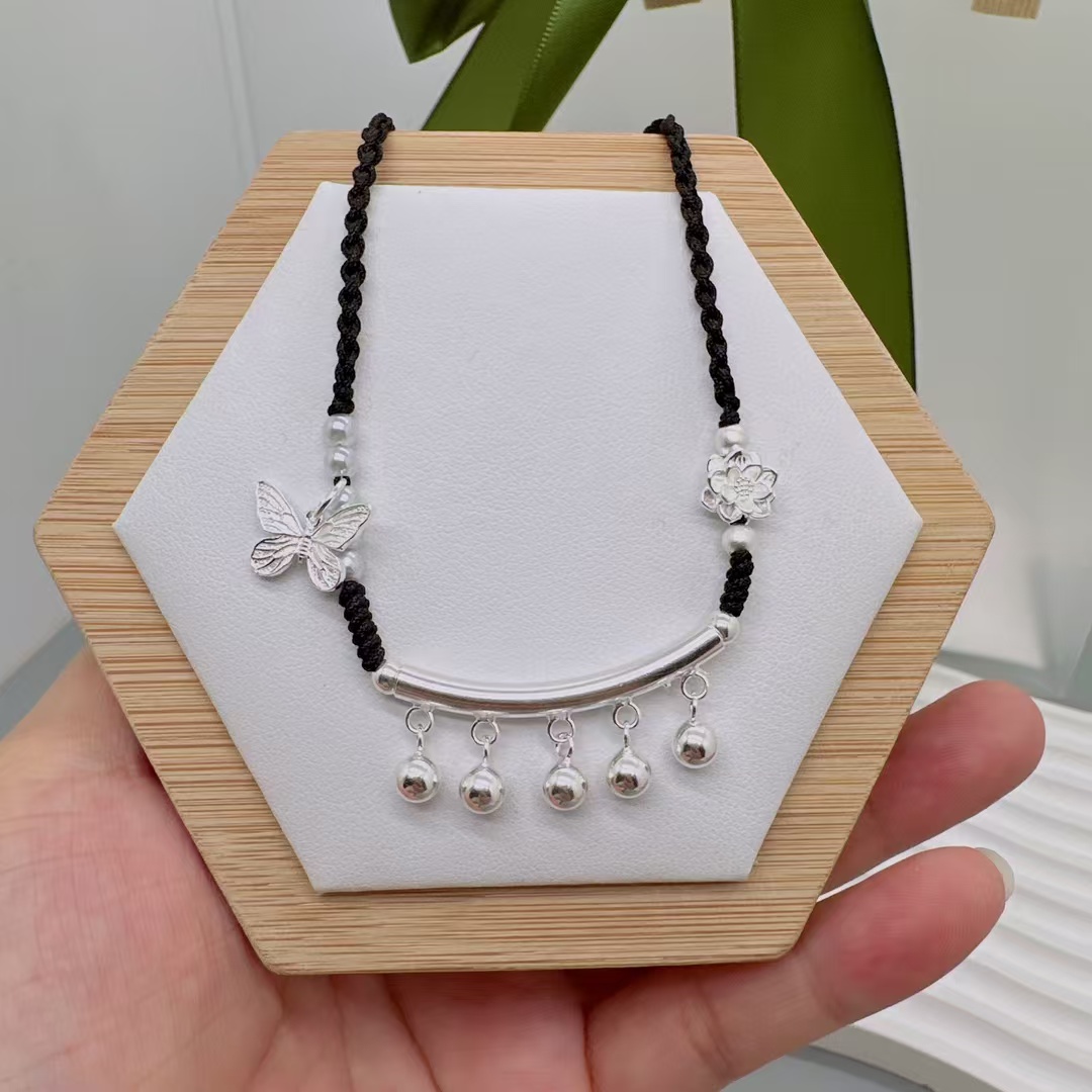 足银999项圈弯管铃铛项链女新足银铃铛吊坠编织锁骨链送闺蜜女友