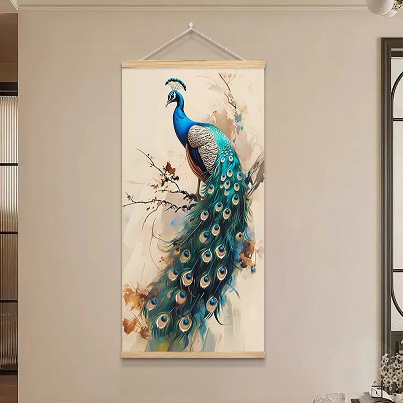 新中式玄关挂毯客厅装饰画孔雀挂布餐厅挂画布艺走廊茶室墙面布画图片