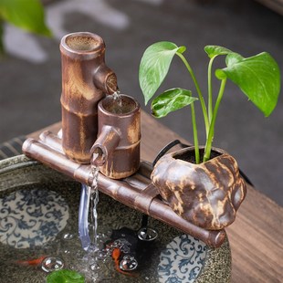 复古微景观装 流水摆件鱼缸造景过滤器循环养鱼竹子水池中式 饰家居