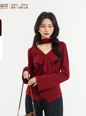 记忆的起点V领毛衣2026春季新款新年红色时尚针织上衣女70AC5959Z