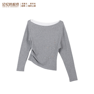 记忆的起点船领长袖T恤2026春季新款收腰灰色假两件上衣70AC36386
