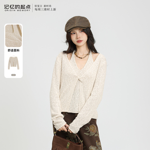 记忆的起点V领毛衣2025冬季新款百搭简约假两件针织上衣69AD55160