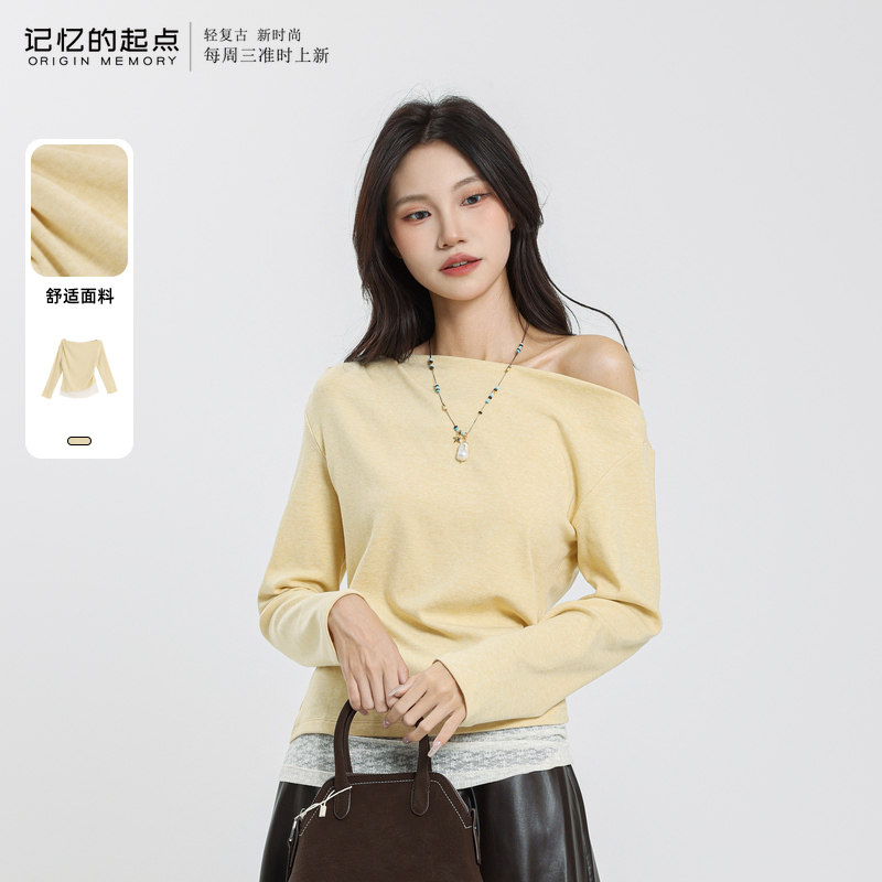 记忆的起点长袖T恤斜肩假两件