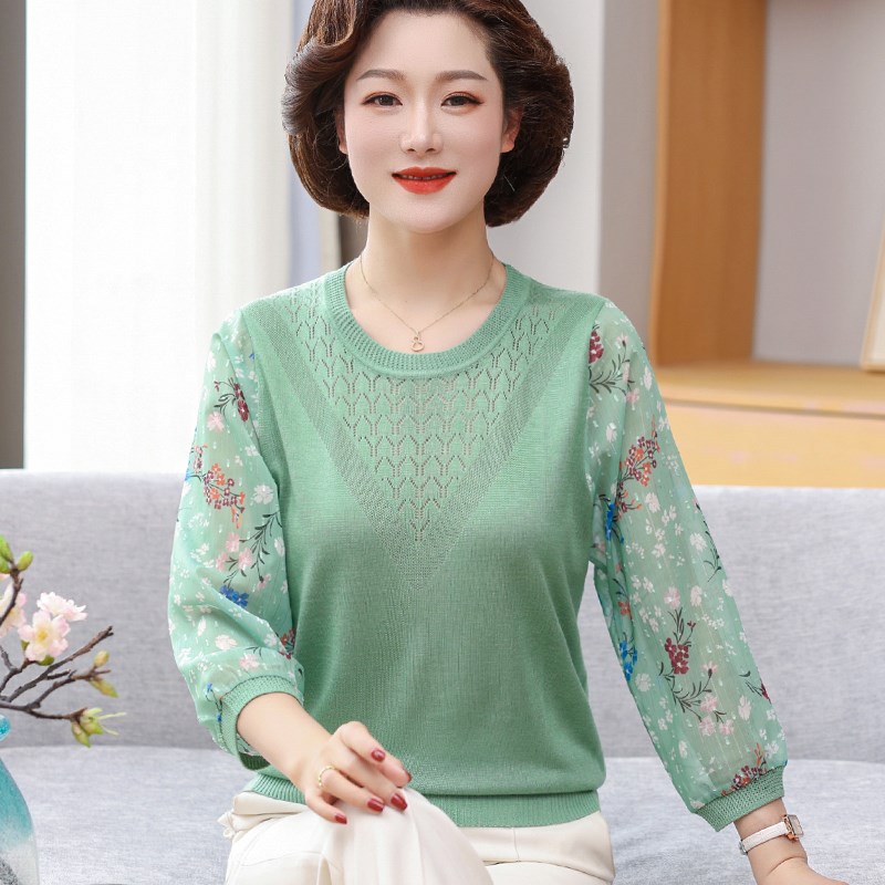 中年妈妈春装针织小衫T恤洋气中老年女装夏季薄款七分袖打底上衣