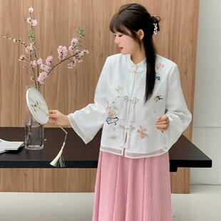 大码女春装流苏盘扣汉元素衬衫亮片半身裙两件套女国风汉服连衣裙