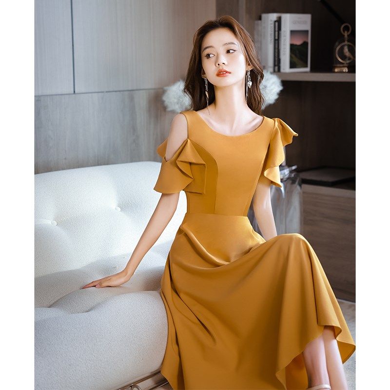 晚礼服女宴会气质轻奢小众高端高级感平时可穿小个子姜黄色连衣裙