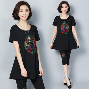 妈妈夏装遮肚显瘦套装2022新款大码女装胖mm洋气上衣裤子两件套女