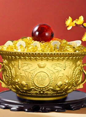 纯黄铜聚宝盆摆件招财聚财铜制聚宝盆五色石客厅店铺家居饰品摆设