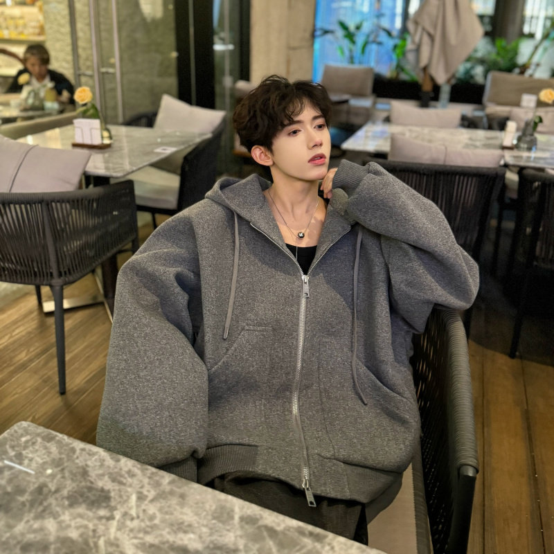 春秋美式灰色毛呢卫衣男外套连帽开衫夹克廓形高级感加厚加棉上衣