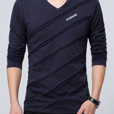 2025新款秋装长袖T恤纯棉薄款加大码男士中年打底衫健壮开V领小衫