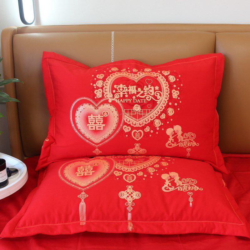 高档全棉加厚枕套一对装结婚庆大红色婚房纯棉单人枕芯套枕头套子