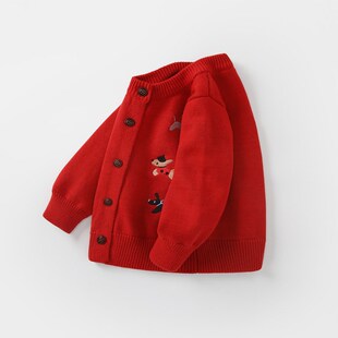 婴儿毛衣外套秋冬男宝宝加绒针织衫春装男童红色开衫新年拜年线衣