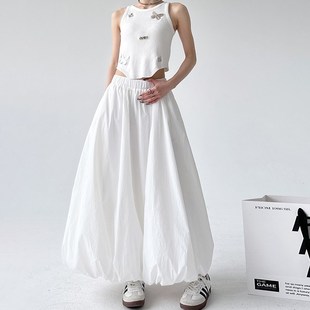 白色半身裙女2024夏季新款高个子显瘦中长款高级感校园蓬蓬花苞裙
