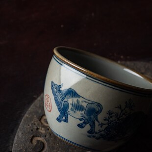 独清 五牛图老泥料缸杯 景德镇纯手工陶瓷品茗单个茶具大号主人杯