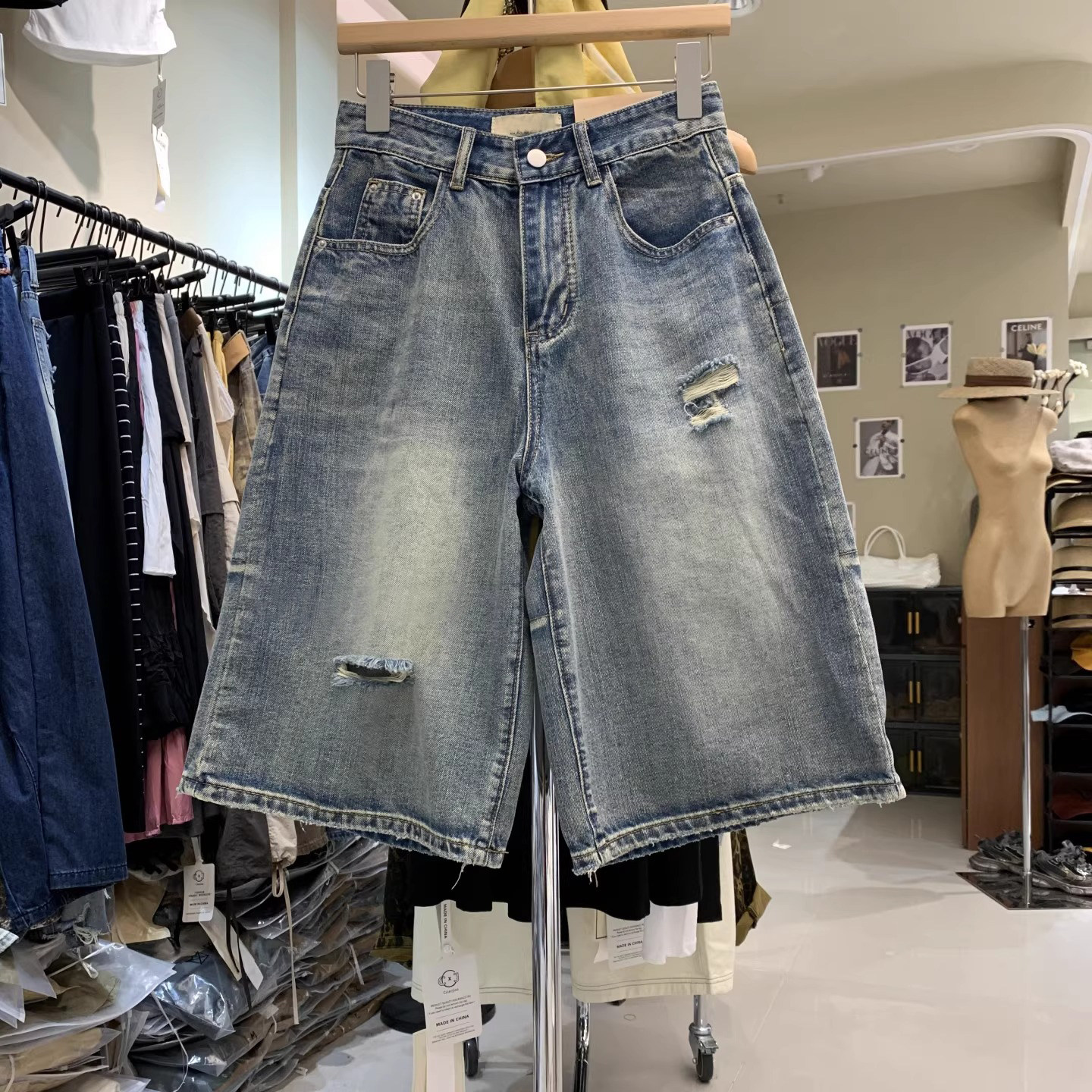 美式破洞拼接七分牛仔裤男夏季新款潮牌复古水洗宽松直筒阔腿短裤,男装,牛仔裤,淘宝优惠券,粉丝福利购,淘宝优惠卷