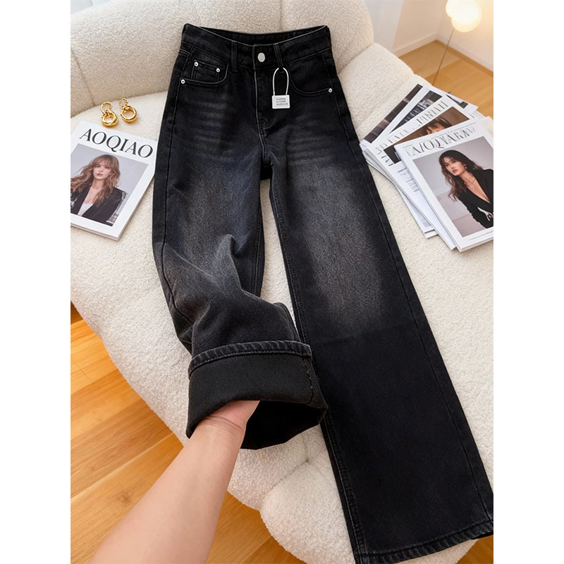 美式黑灰色加绒牛仔裤男秋冬季潮牌复古宽松阔腿裤子高街直筒长裤,男装,牛仔裤,淘宝优惠券,粉丝福利购,淘宝优惠卷