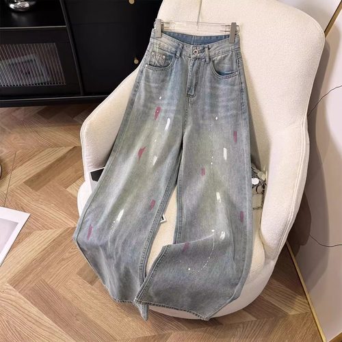 浅蓝油画泼墨牛仔裤男设计感宽松