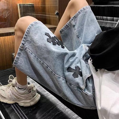 美式十字架牛仔短裤男夏季