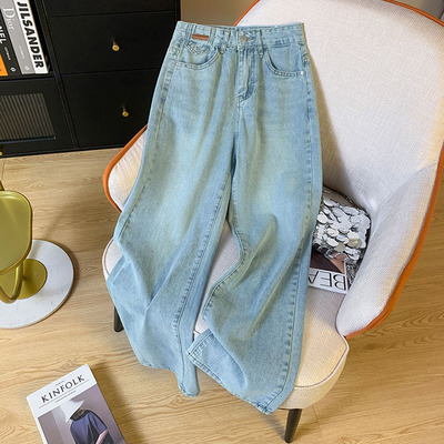 美式刺绣浅色牛仔裤男设计感宽松