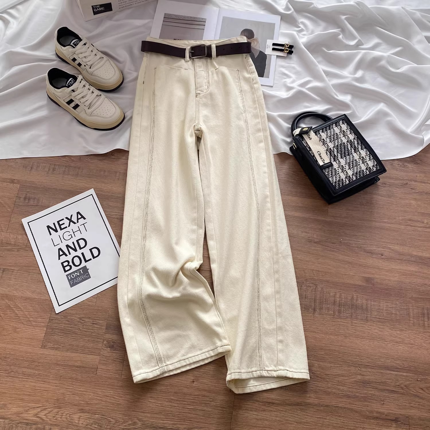 美式复古米白色牛仔裤男设计感