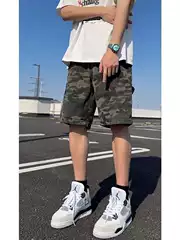 American Retro Camouflage Denim Shorts for Men, Summer Trendy Brand, Cool Washed Deconstructed Loose Straight Workwear Five-Point Pants