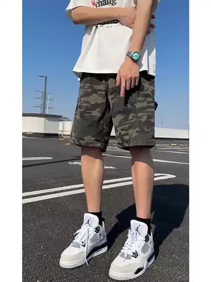 American Retro Camouflage Denim Shorts for Men, Summer Trendy Brand, Cool Washed Deconstructed Loose Straight Workwear Five-Point Pants