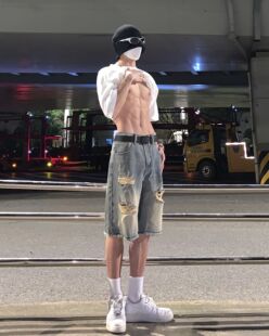 破洞毛边牛仔短裤男夏季美式复古宽松阔腿设计感小众潮牌五分裤子