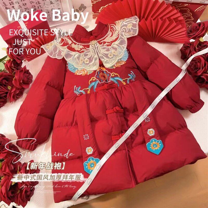 儿童冬季加厚外出棉衣小女孩古风唐装外套中长款中国风保暖羽绒服