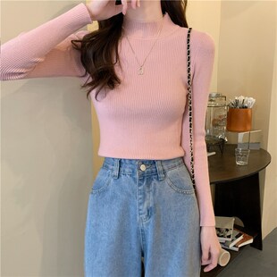 上衣半高领内搭短款 秋冬季 打底针织衫 显瘦长袖 黑色毛衣女 百搭修身