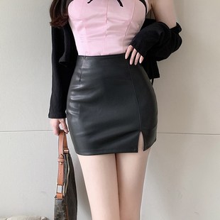 棕色开叉皮裙女秋2024新款 高腰pu包臀半身裙紧身性感一步短裙秋冬