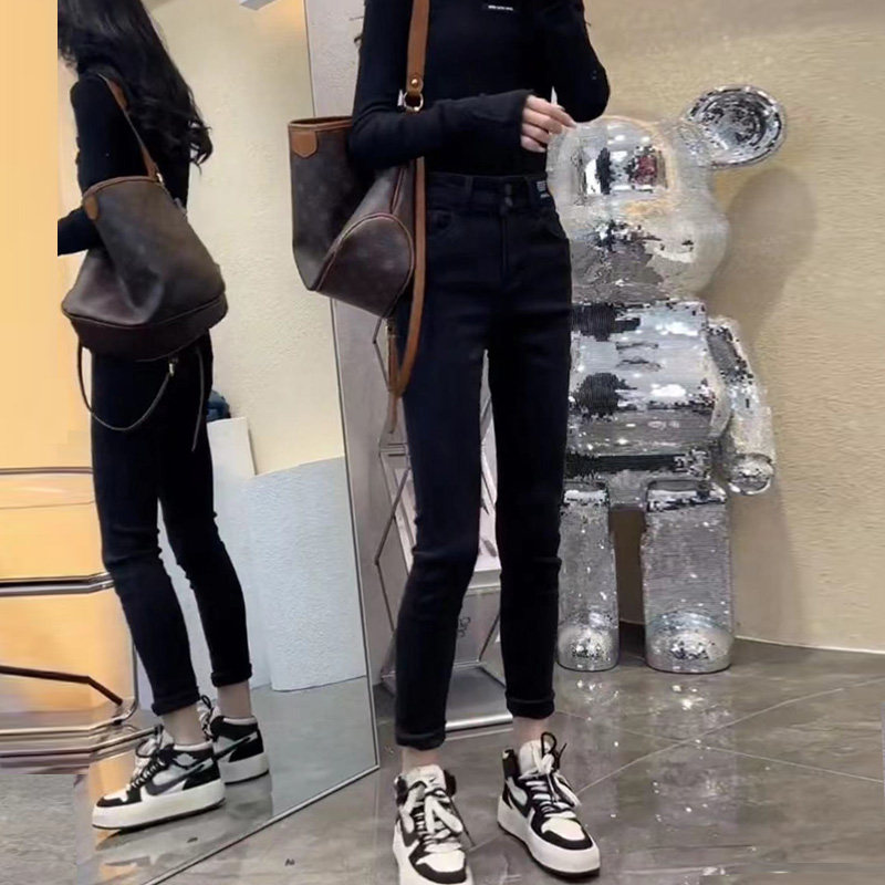 女装2021新款冬装大码高腰弹力小脚加绒牛仔裤女胖妹妹裤子女显瘦