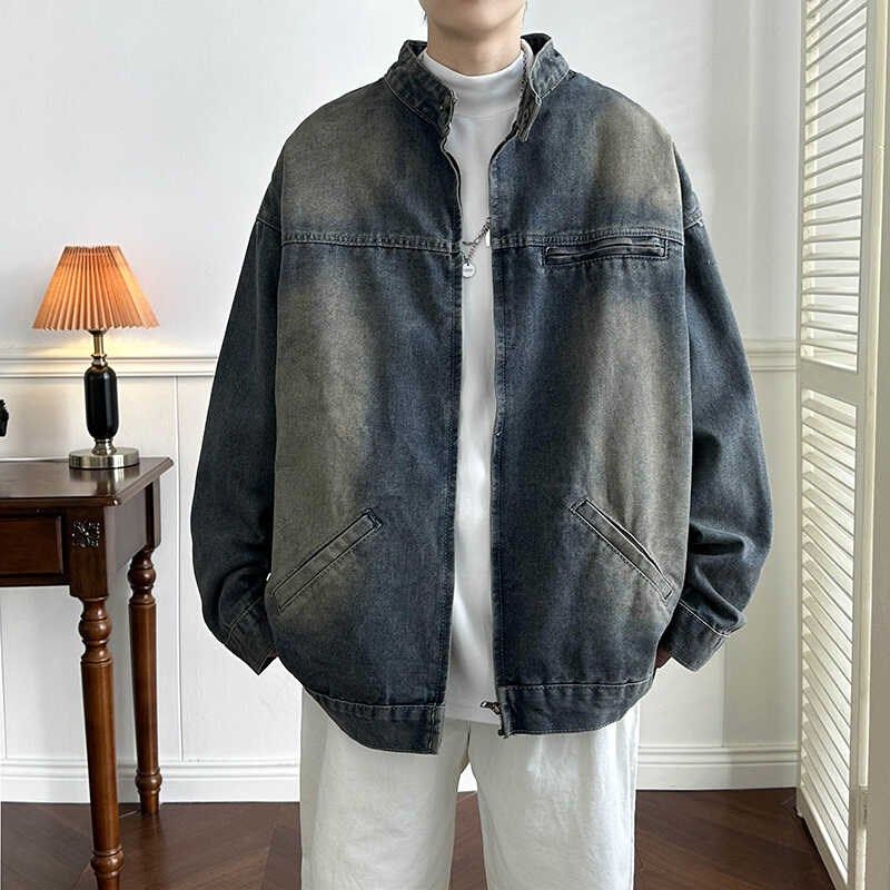 复古水洗做旧立领牛仔外套男女春秋季高级感宽松拉链工装夹克上衣