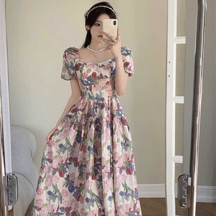 大码法式浪漫碎花方领连衣裙夏季新款女胖mm遮肚子显瘦中长裙子