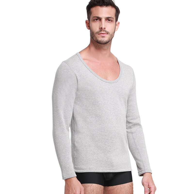 新款超低领保暖内衣男士加厚加绒保暖上衣单件大领口打底衫冬季