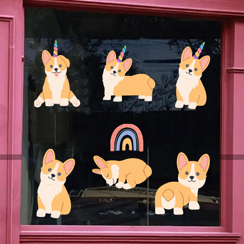 宠物店奶茶店商店幼儿园玻璃门窗装饰贴画自粘防水柯基狗双面贴纸