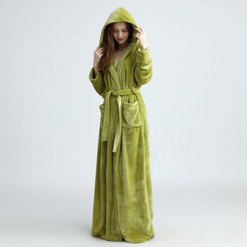 睡袍女秋冬季超长到脚踝男士加厚加绒珊瑚绒睡衣加长款法兰绒浴袍