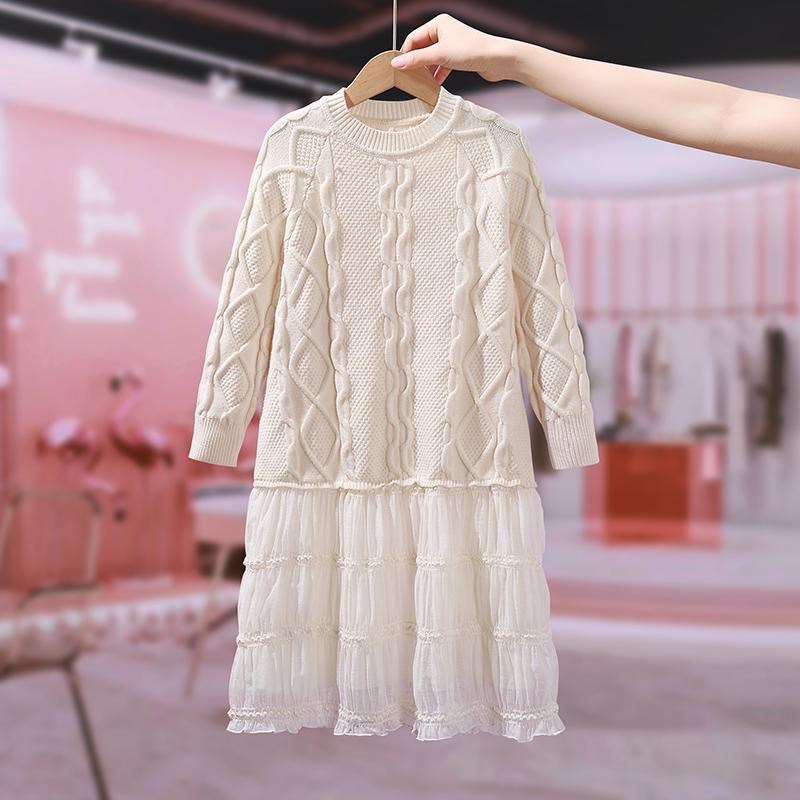 女童秋冬毛衣拼接雪纺连衣裙2024新款儿童针织内搭洋气公主裙长裙