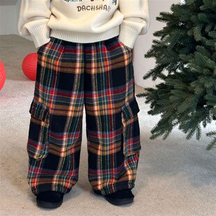 男童加绒裤子男宝宝保暖羊驼绒休闲裤儿童冬季新款加厚直筒格子裤