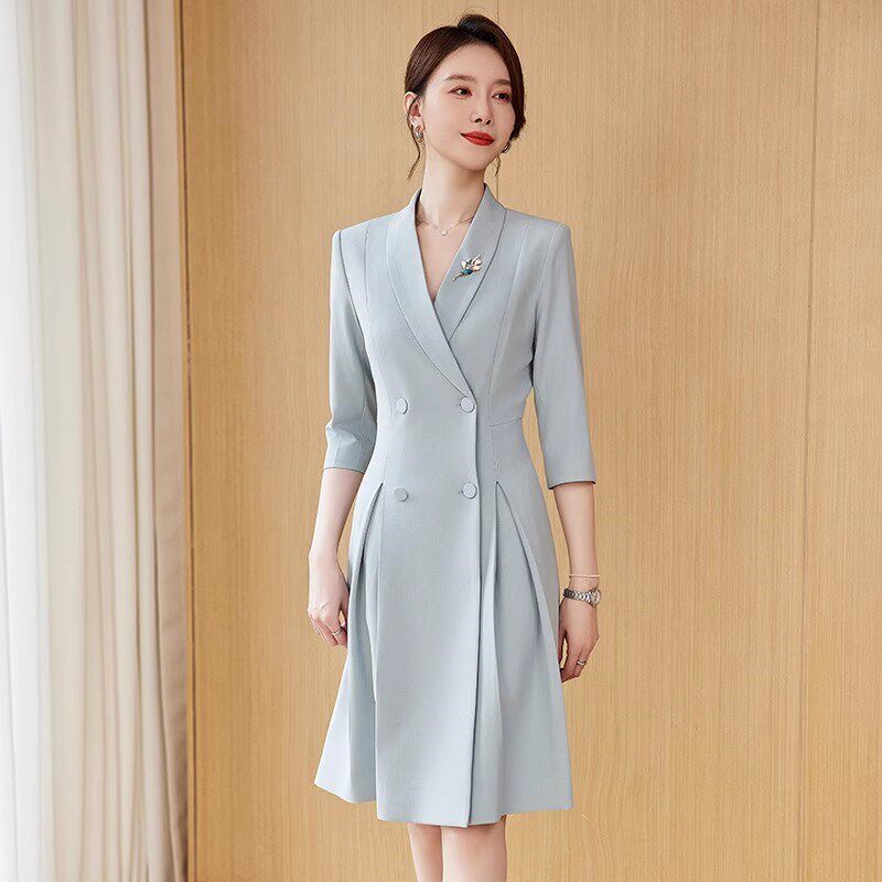 西装连衣裙高级感播音主持女神范礼服正装讲师服装美容师工作服春