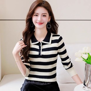 polo领条纹针织衫秋冬女装翻领毛衣内搭打底衫小个子气质短款上衣