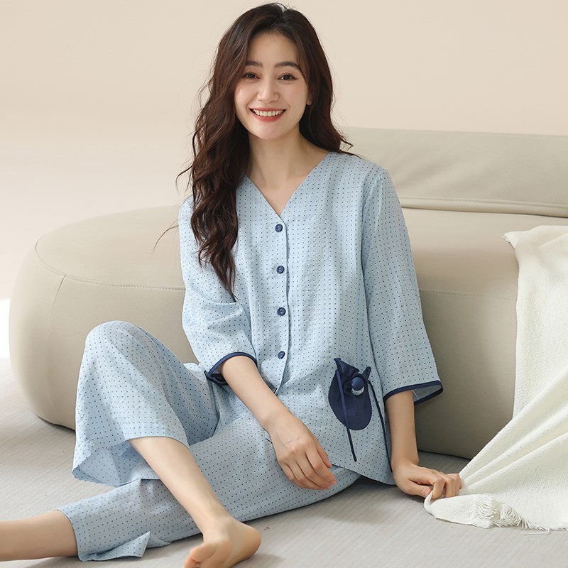 梭织棉纱布睡衣女七分袖中袖家居服纯棉春秋夏季薄款宽松大码套装