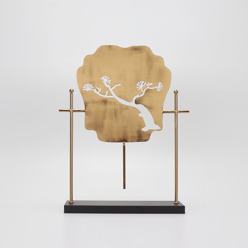 新中式金属迎客松扇子摆件样板房软装摆设博古架客厅玄关装饰品