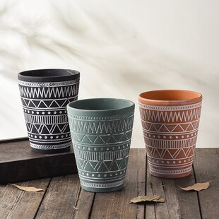 红陶土花盆圆形瘦高款做旧复古图腾元素透气陶瓷素烧绿植盆栽陶盆