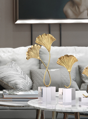 创意纯铜银杏叶水晶底座客厅玄关书房电视柜摆件简约家居装饰摆设