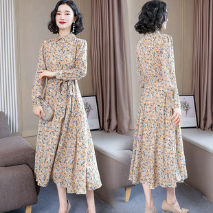 长袖雪纺连衣裙女秋冬装显瘦收腰绑带气质长款大码方领碎花衬衫裙