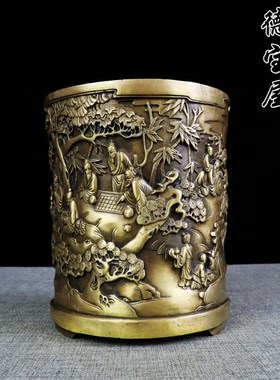 纯铜笔筒摆件黄铜复古笔筒人物笔筒工艺品大号文房用品办公室桌面