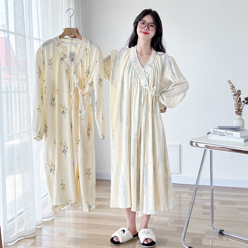 日式纯棉纱布大码睡裙女200斤春秋长袖孕产妇哺乳睡袍睡衣月子服