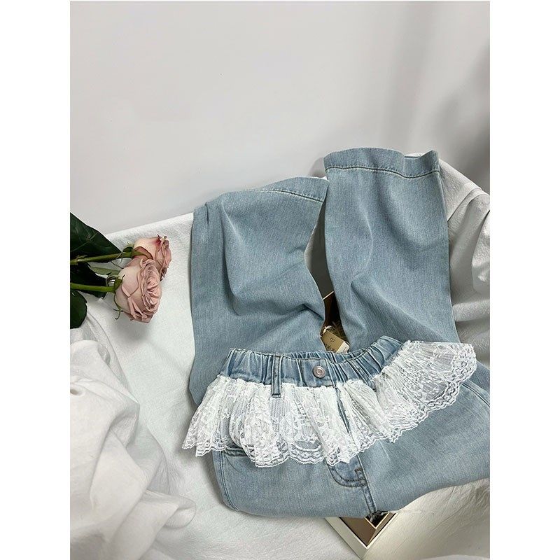 女童直筒蕾丝腰牛仔春夏薄2025阔腿裤中大童装亲子浅色宽松屁帘